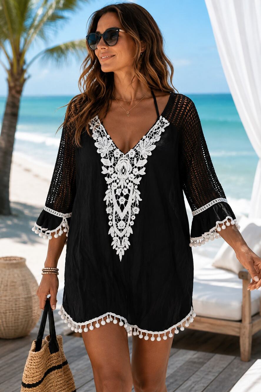 Black White Crochet Mesh Pom Pom Swim Cover Up Tunic L XL